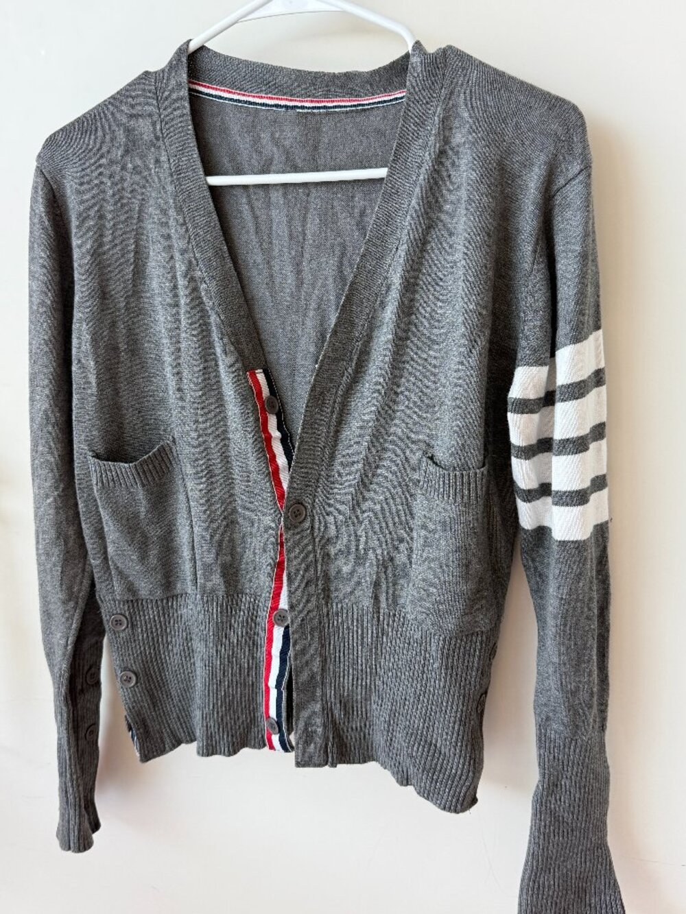Thom Browne Gray Cardigan Sweater Stripe Button Detail